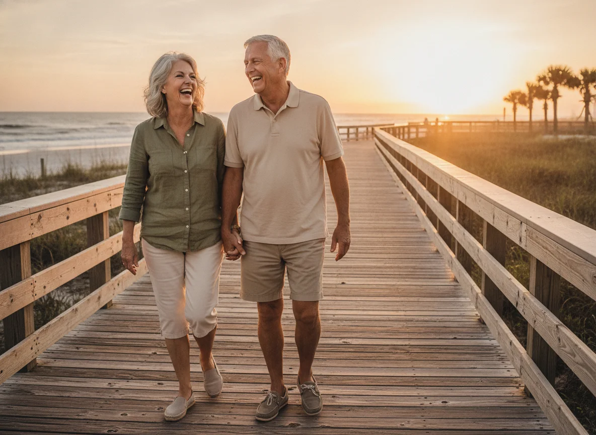 Couple smiling together on a beach boardwalk