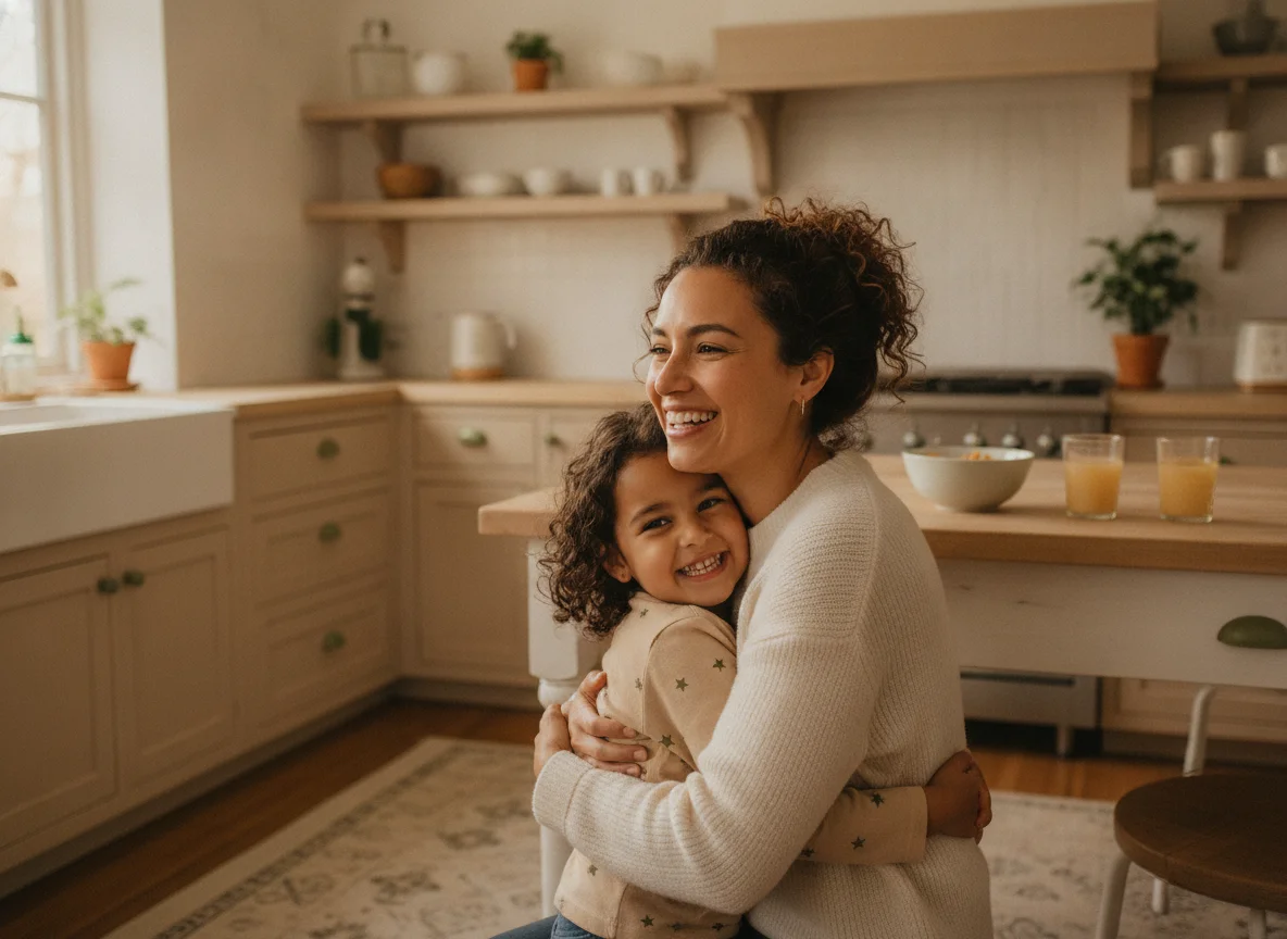 Smiling mother and daughter at home